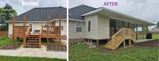 Before pic showing deck with no roof and after pic with seamless new addition with roof and steps